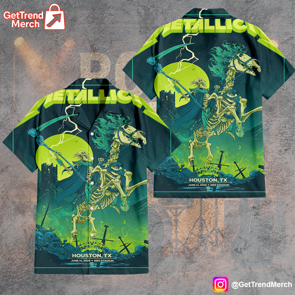 Metallica Hawaiian Shirt, M72 World Tour 2025 Houston TX, NRG Stadium June 14, Skeleton Horse Art Button-Up - Get Trend Merch
