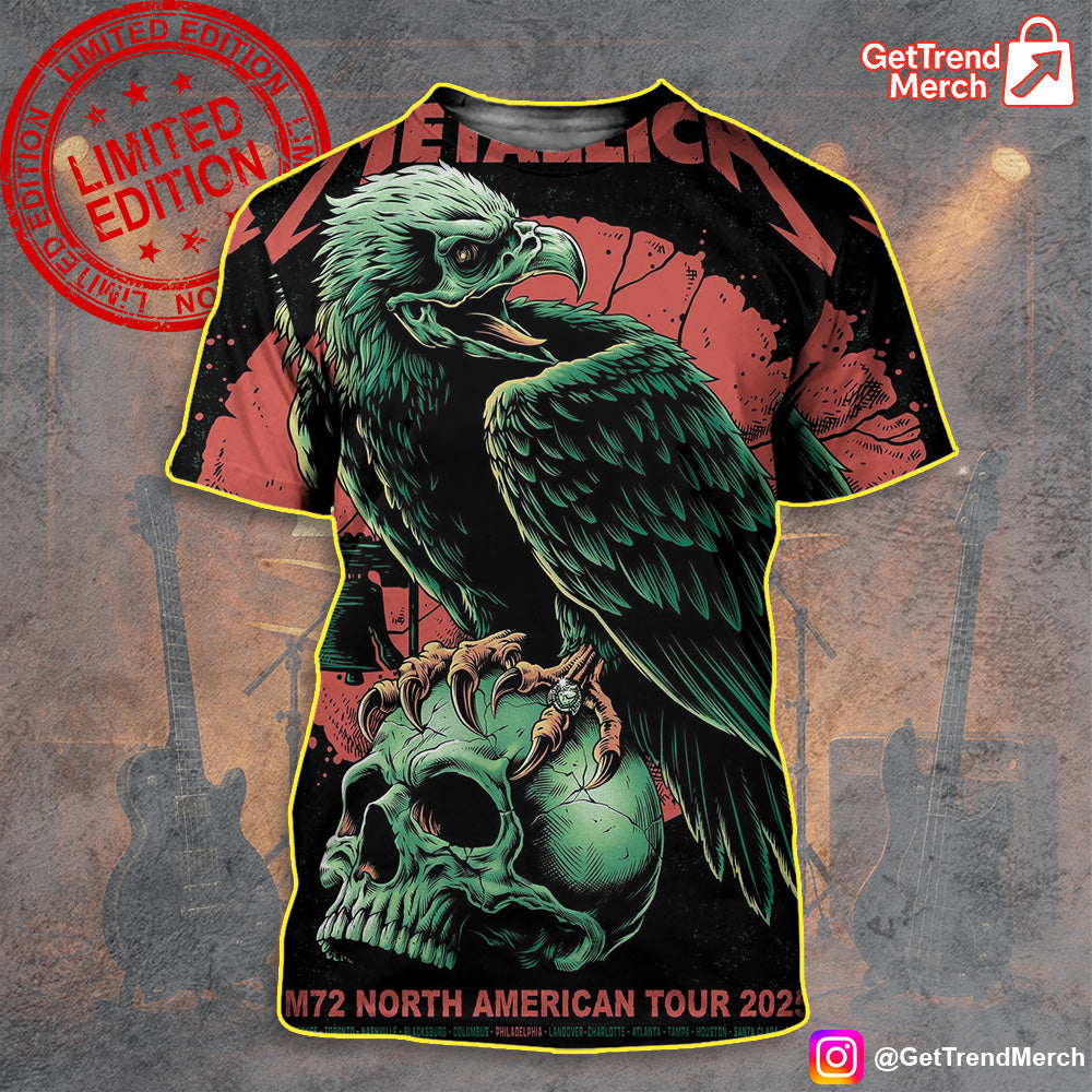 Metallica 3D All Over T-Shirt, M72 North American Tour 2025, Rhys Cooper Skull Eagle Art, Heavy Metal Concert Shirt - Get Trend Merch