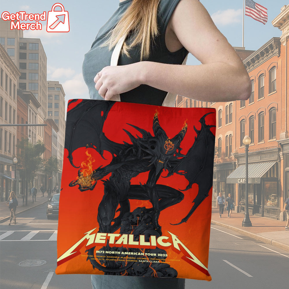 Metallica Santa Clara 2025 Tote Bag – M72 World Tour Pop-Up Shop Exclusive, Demon Art Design Canvas Shoulder Bag - Get Trend Merch