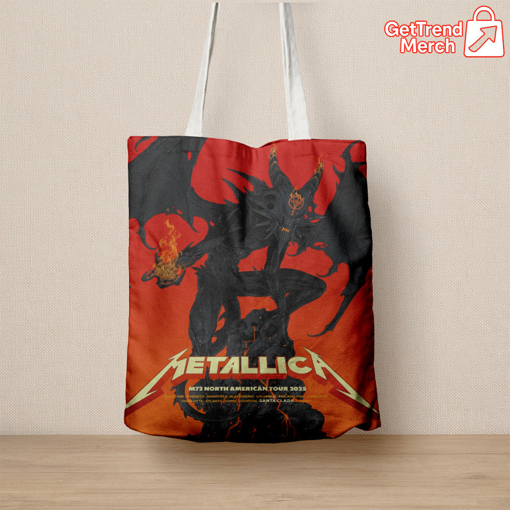 Metallica Santa Clara 2025 Tote Bag – M72 World Tour Pop-Up Shop Exclusive, Demon Art Design Canvas Shoulder Bag - Get Trend Merch
