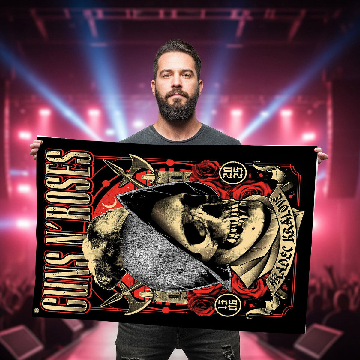 Guns N' Roses World Tour 2025 Hradec Králové June 15 Concert Skull Rose Art 2-Sided House Flag - Get Trend Merch