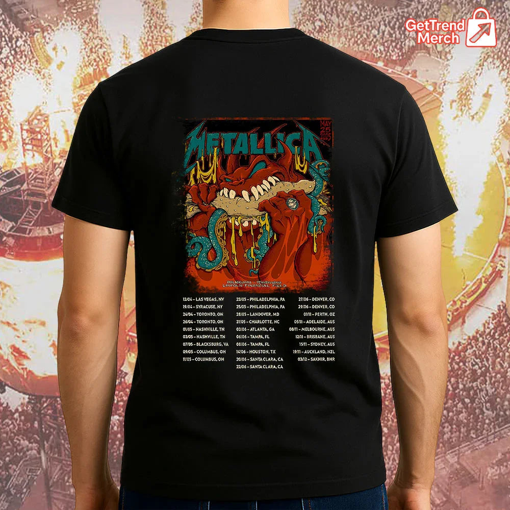 Metallica Concert Tour M72 World Tour May 12, 2025 Philadelphia, PA Lincoln Financial Field Monster Bite Official Band T-Shirt - Get Trend Merch